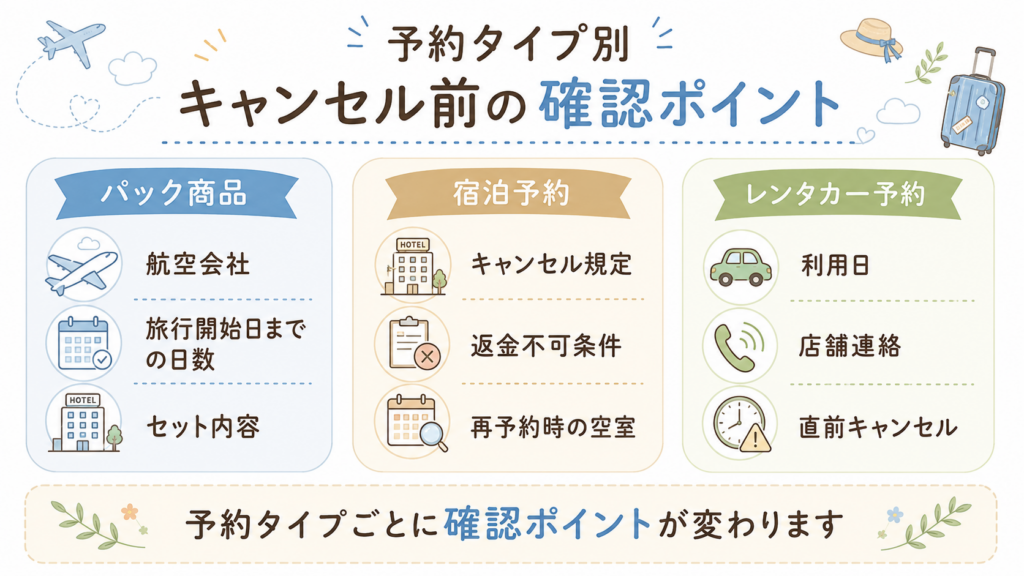 パック商品・宿泊予約・レンタカー予約のキャンセル確認ポイント比較図