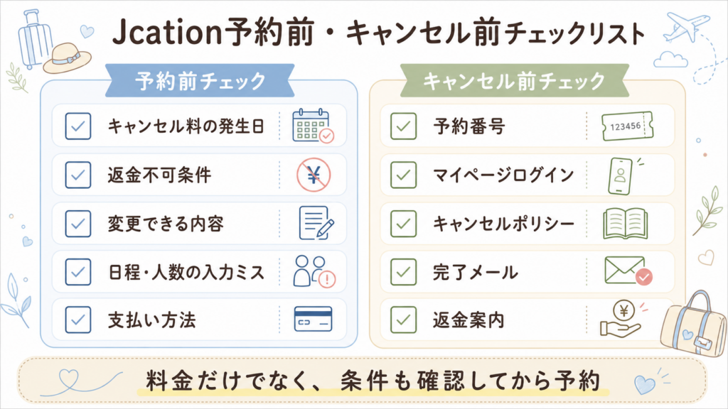 Jcation予約前・キャンセル前チェックリストの図解