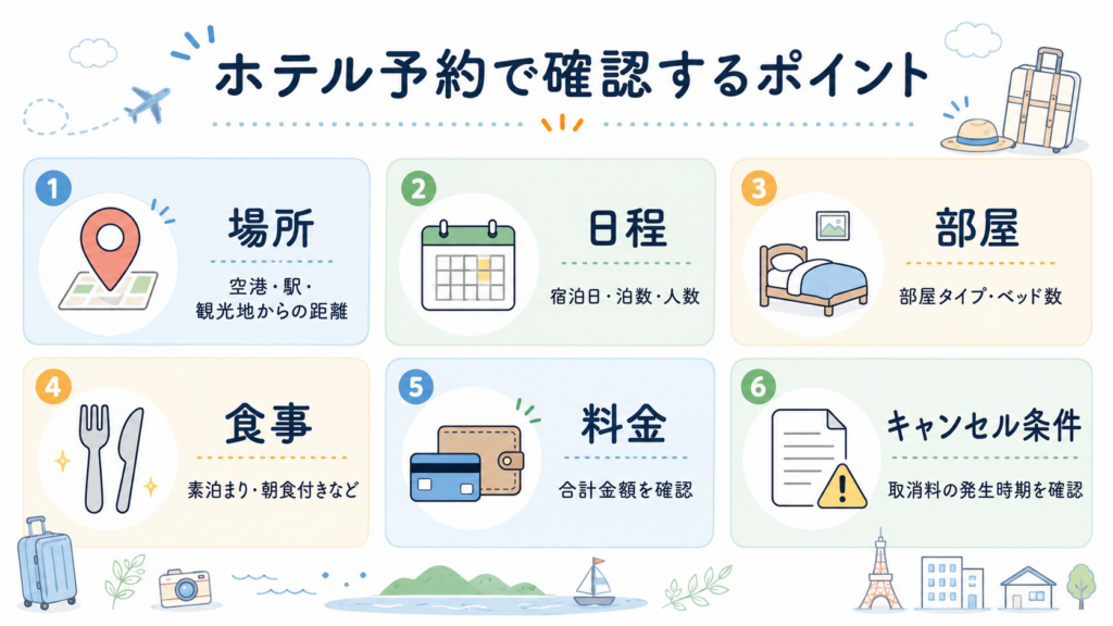 ホテル予約で確認するポイントの整理図