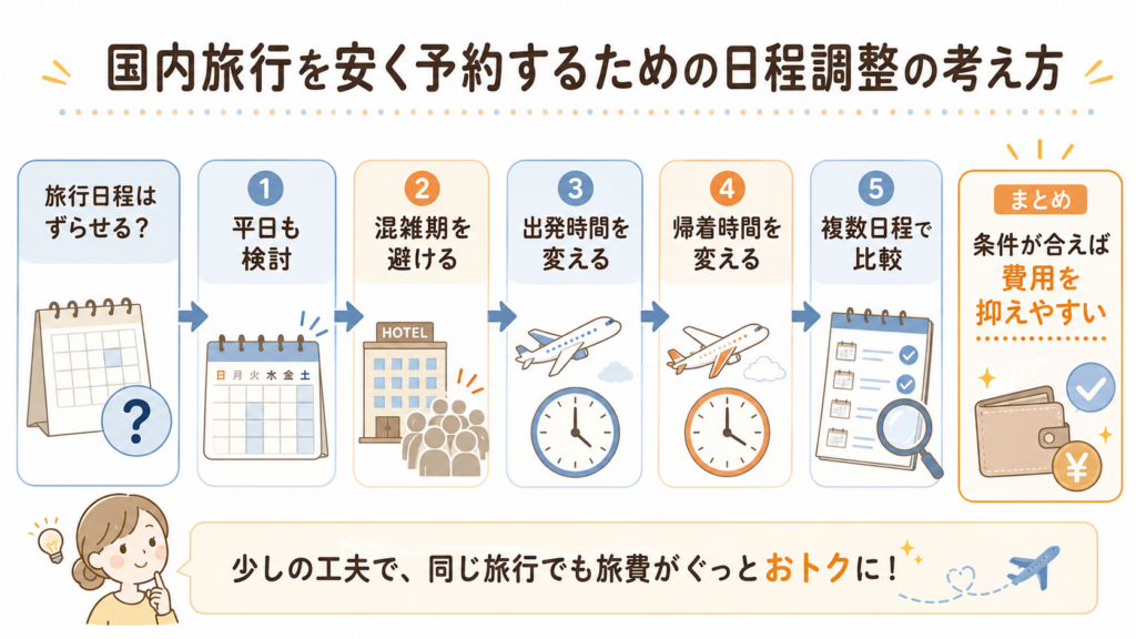 国内旅行を安く予約するための日程調整フロー
