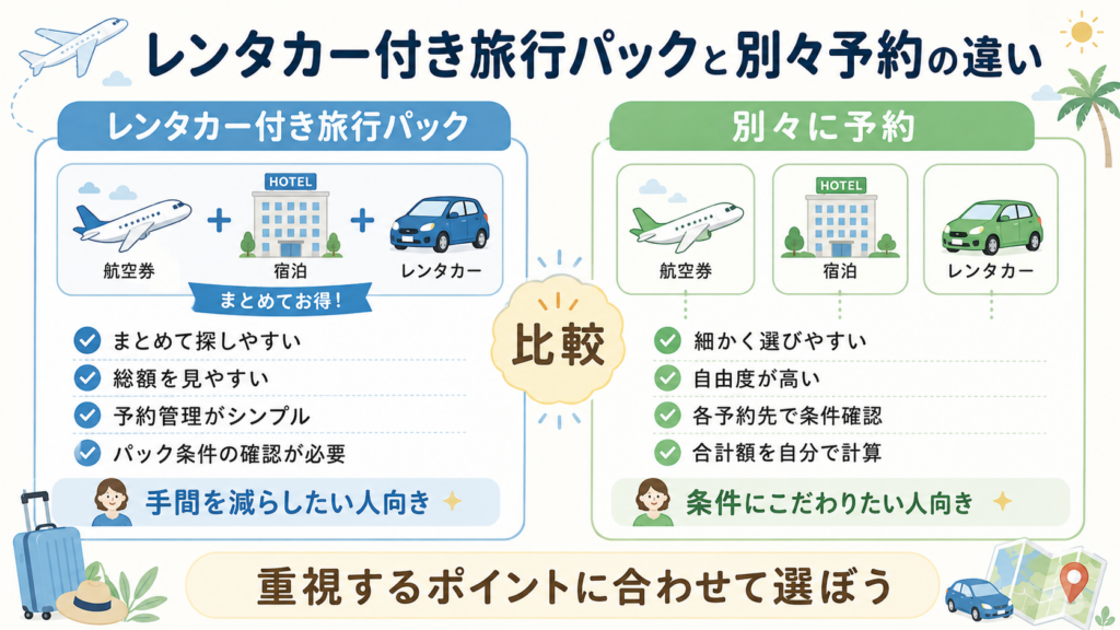 レンタカー付き旅行パックと別々予約の違いを比較する図解