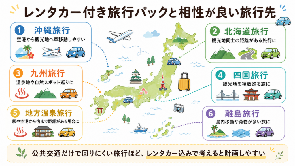 レンタカー付き旅行パックと相性が良い旅行先マップ